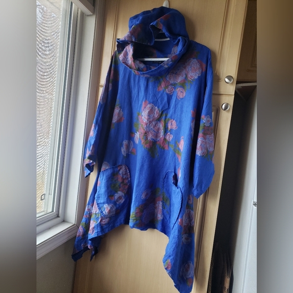 100% Linen In Floral Blue Hooded Tunic Pockets - Picture 2 of 8